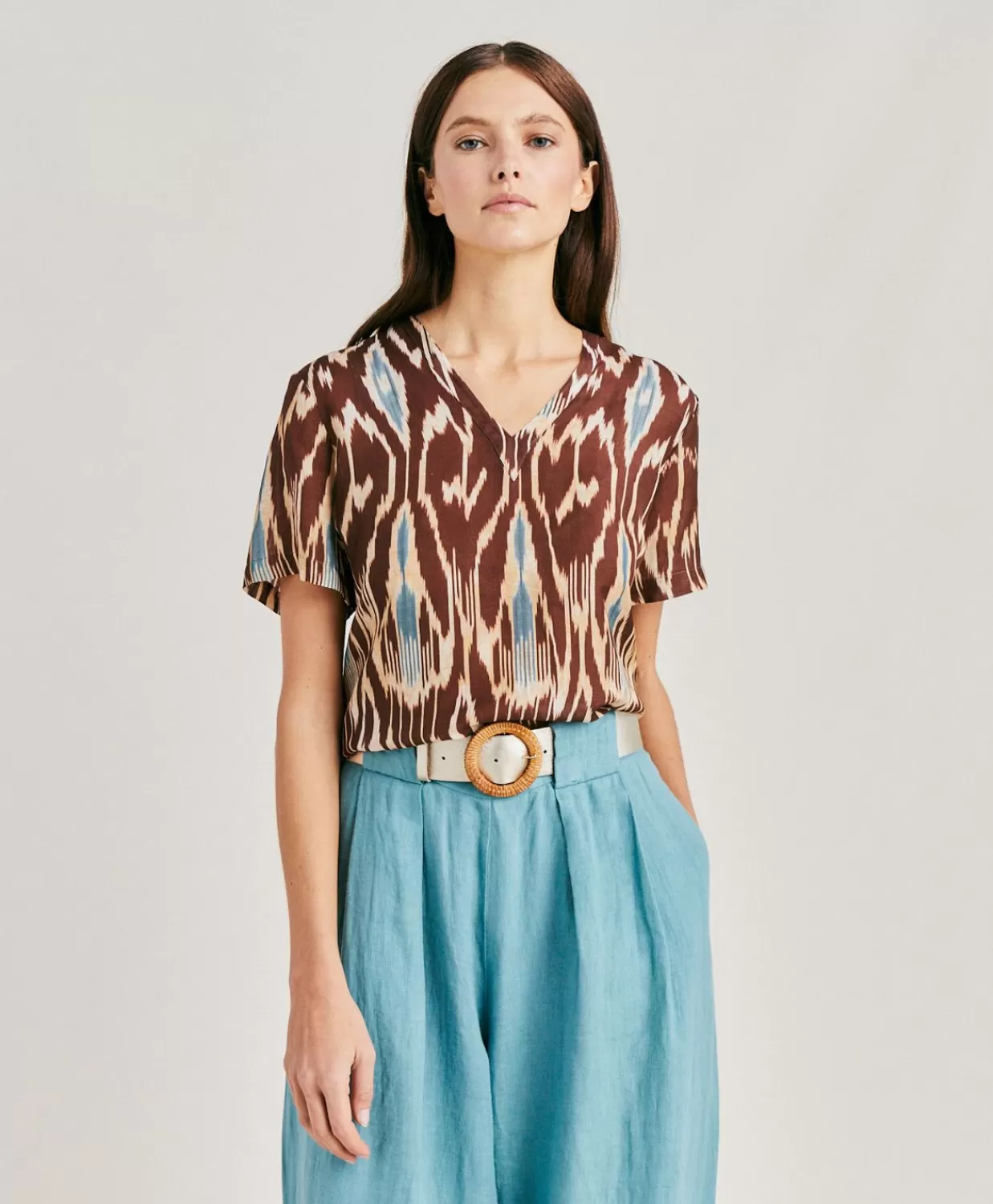 Bluse E Camicie>Momoni Blusa Osmanto In Viscosa Lino Stampato - Cacao Multicolor