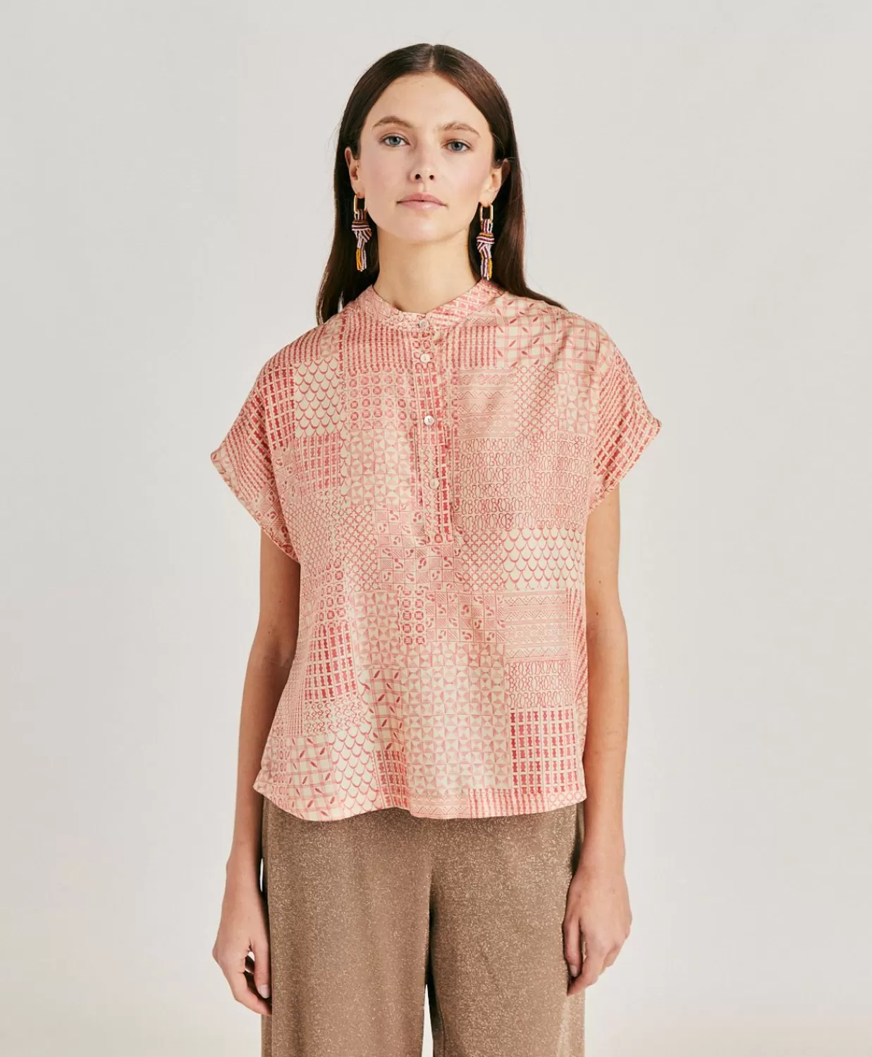 Bluse E Camicie>Momoni Blusa Paso In Haboutai Di Seta - Panna/Corallo