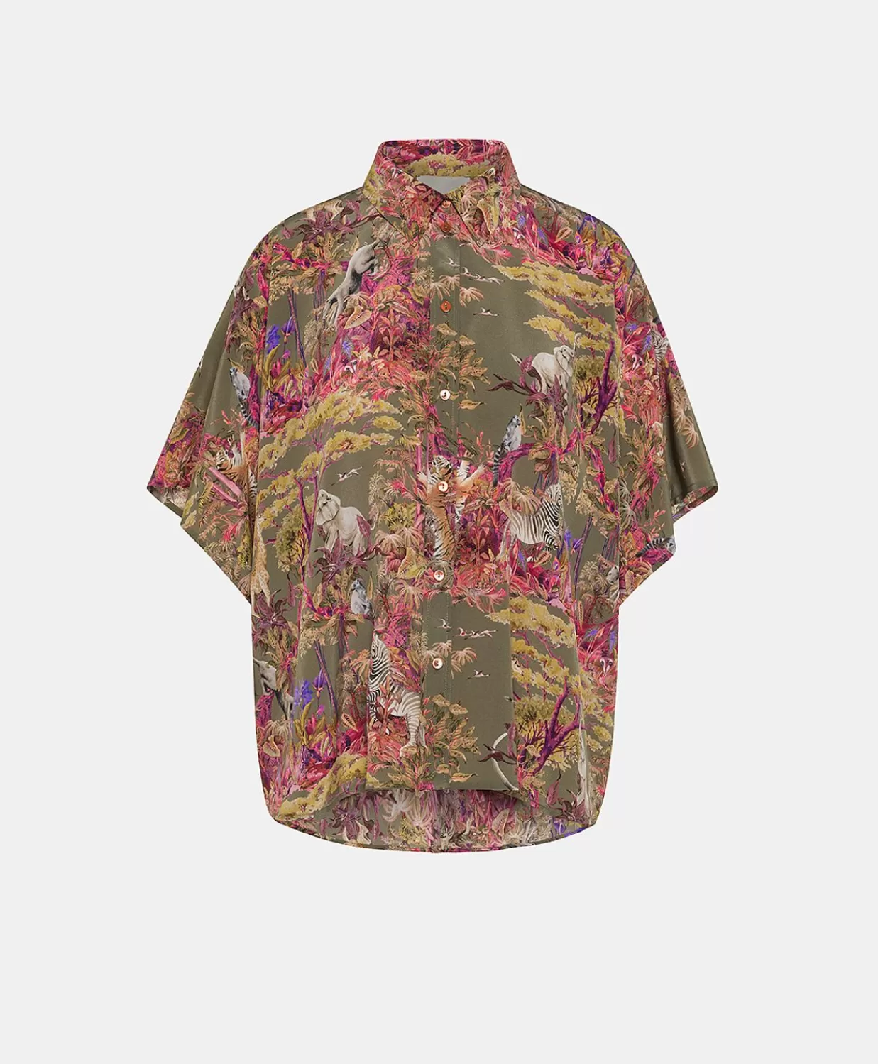 Bluse E Camicie>Momoni Camicia Brooklyn In Crepe De Chine - Oliva Multicolor