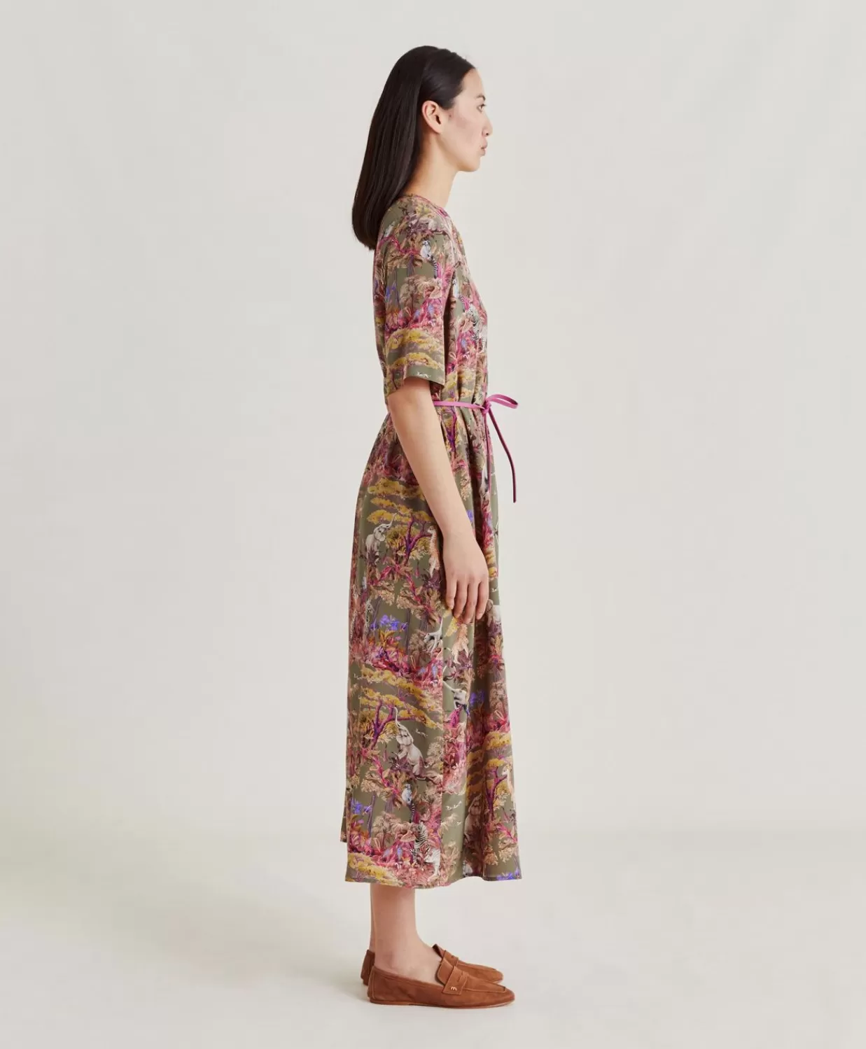 Vestiti>Momoni Vestito Penelope In Crepe De Chine - Oliva Multicolor