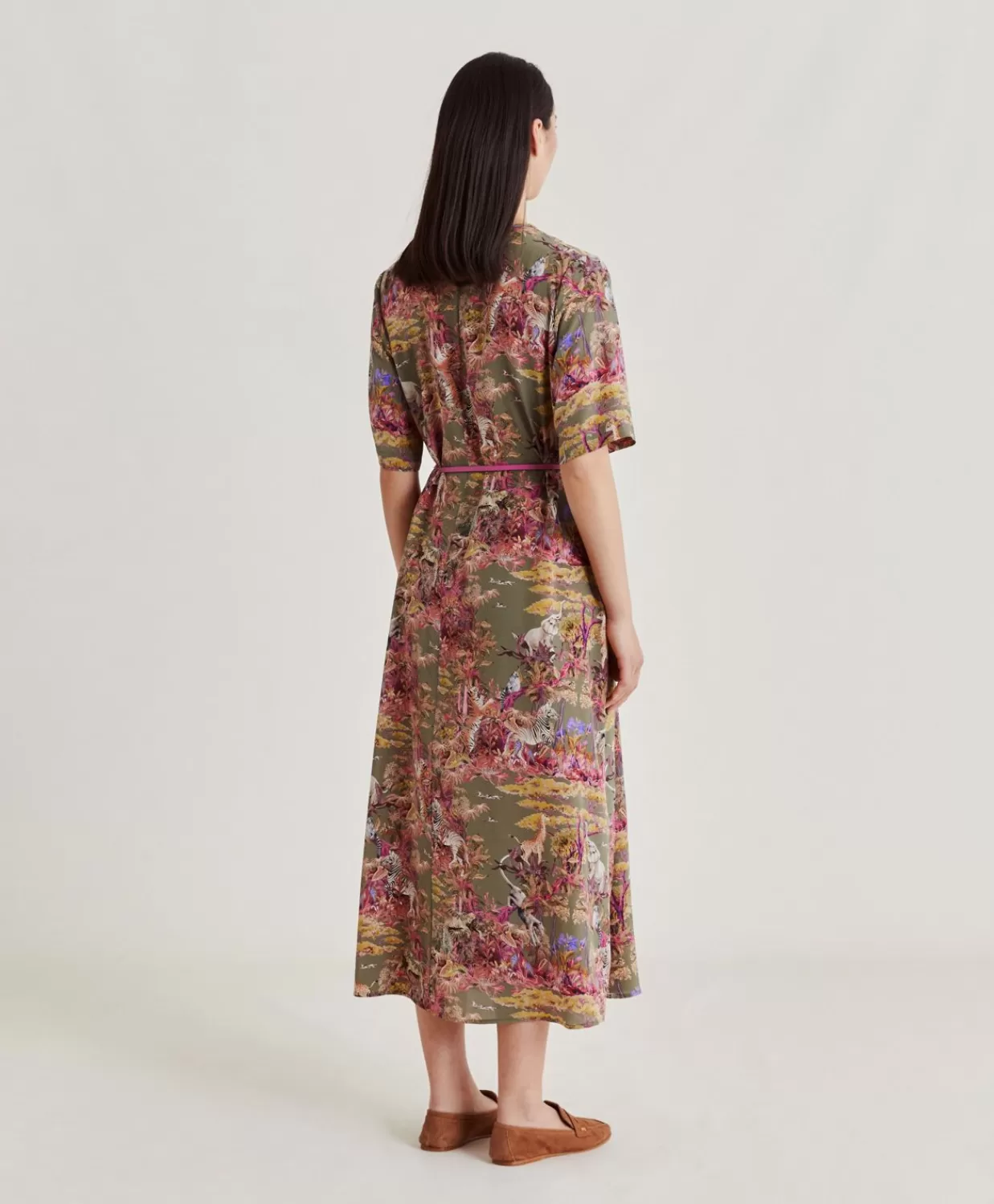 Vestiti>Momoni Vestito Penelope In Crepe De Chine - Oliva Multicolor